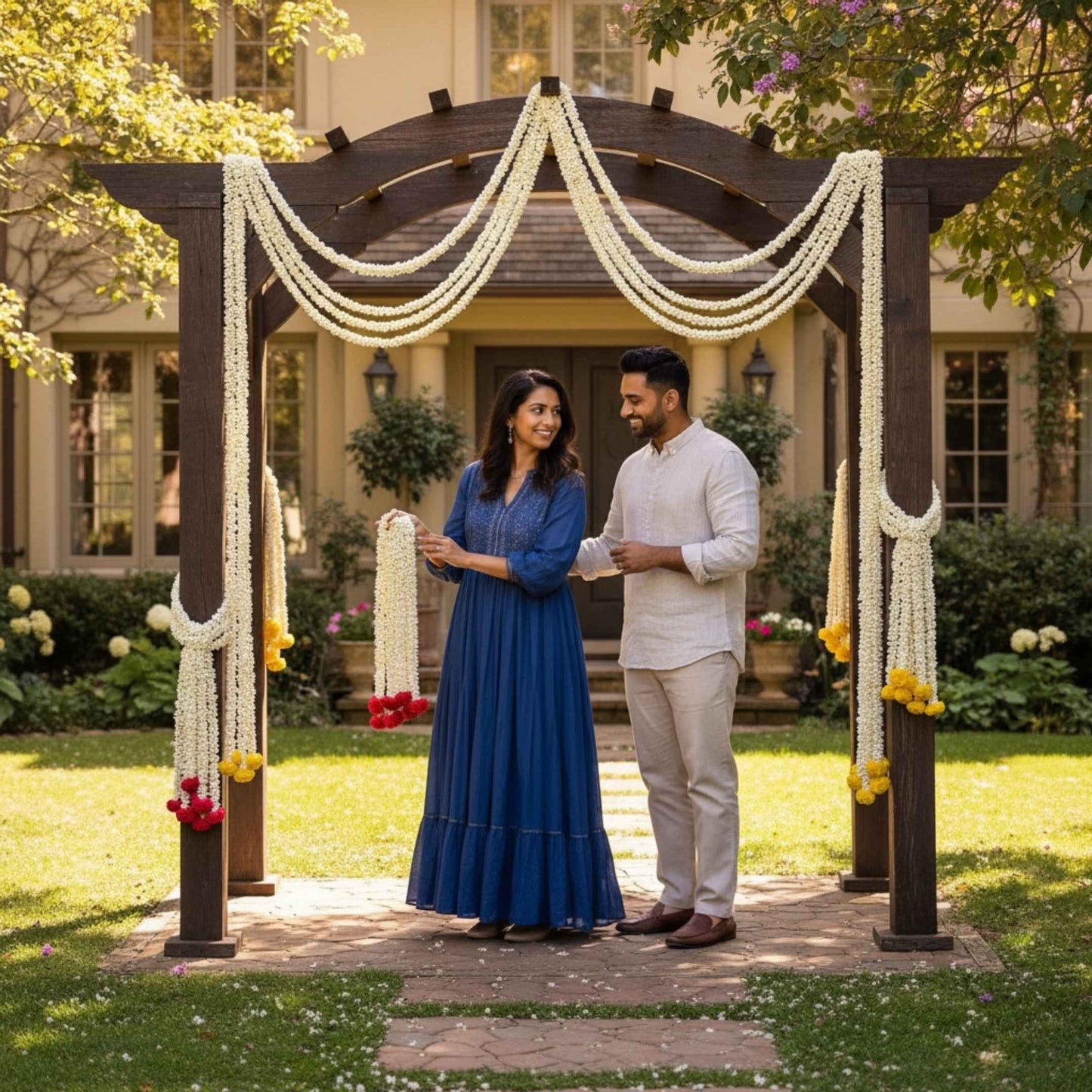 Couple standing under a decorated archway in a garden setting