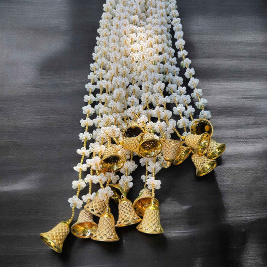 Full Garland Set Display - Complete set of 10 artificial Mogra and bell garlands by Urli Utsav, featuring white jasmine-like flowers and golden bells, ideal for Indian festive decor.