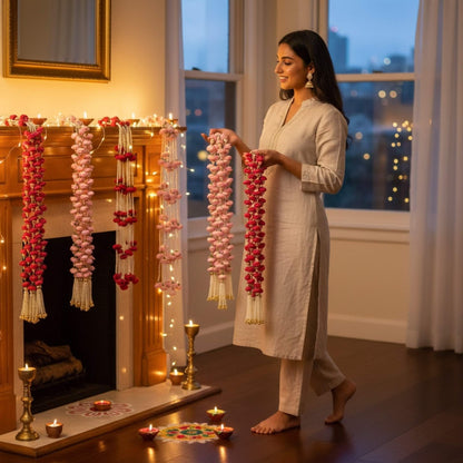 Multi-color Peony Flower Pearl Garlands for festive wall hangings, Diwali decor, and Christmas tree accents.