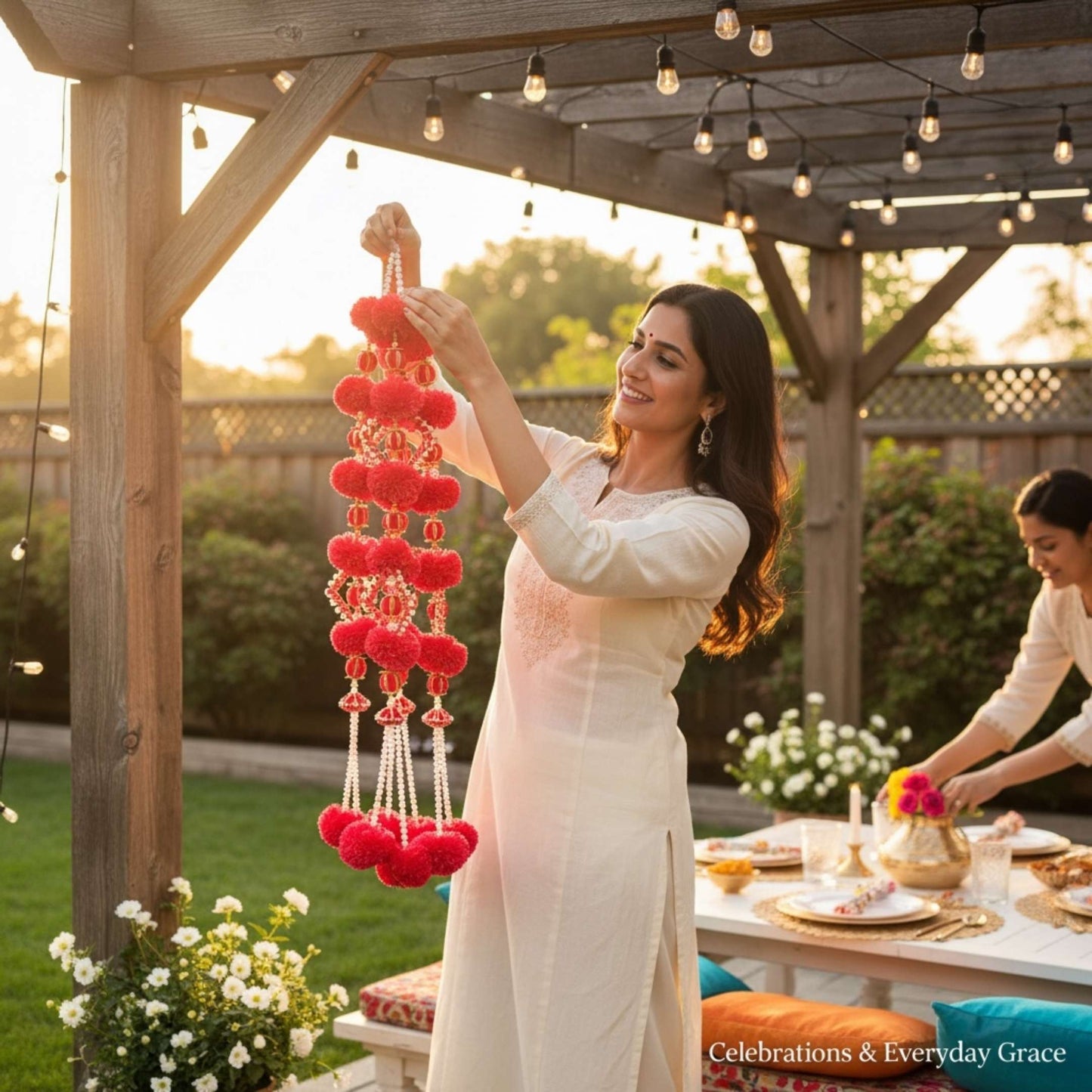 Woman decorating outdoor setting with red hanging decorations, surrounded by a garden and table with food.
