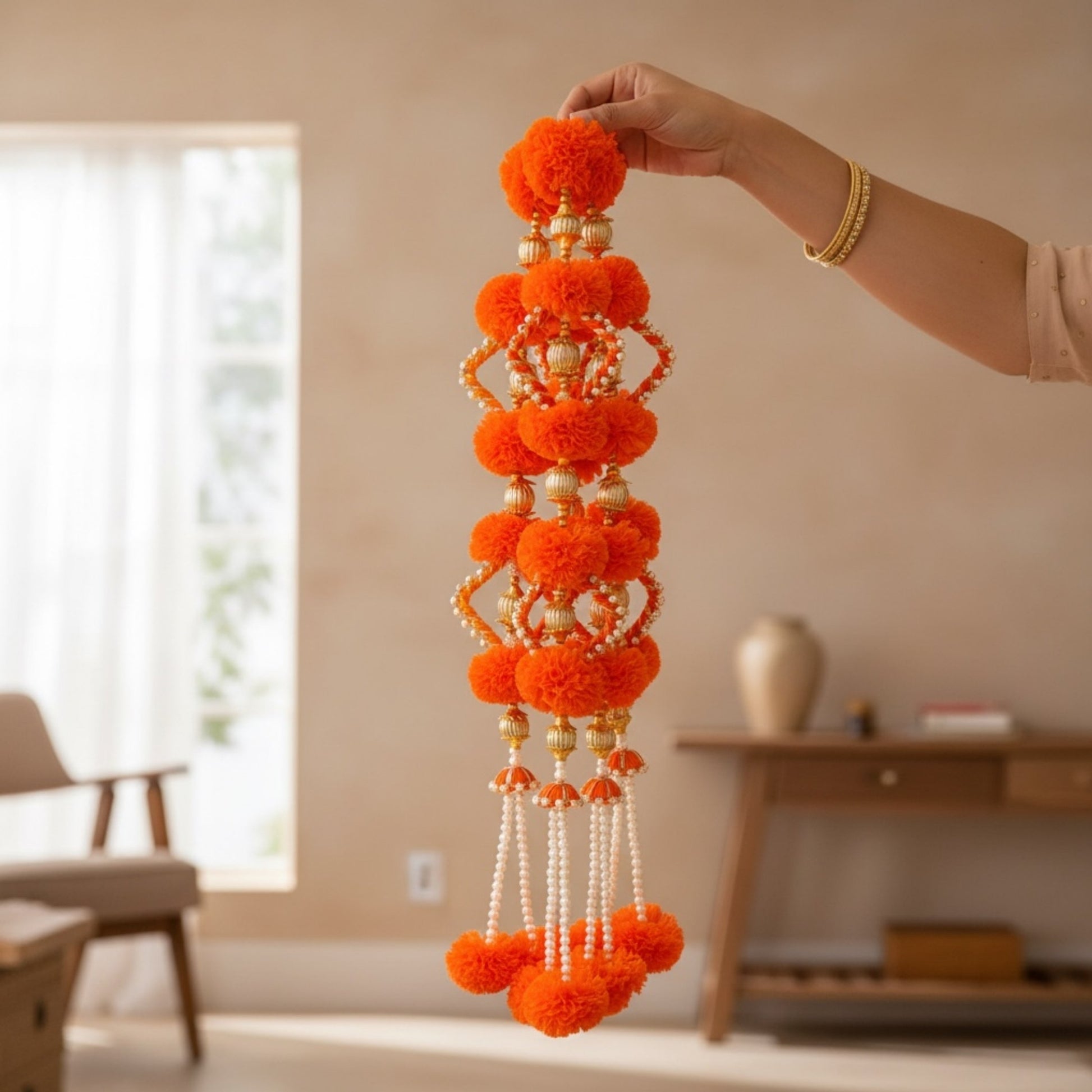 Orange marigold garland with white pearl beads and gold accents — 2FT Indian festive garland for Diwali Navratri and weddings