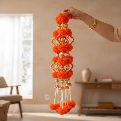 Orange marigold garland with white pearl beads and gold accents — 2FT Indian festive garland for Diwali Navratri and weddings