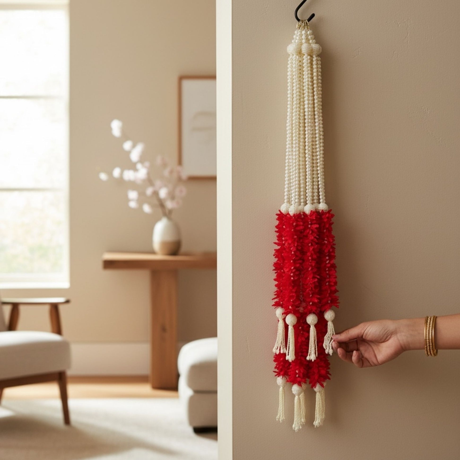 Red pearl garland with cream tassel – reusable Indian hanging for living room décor
