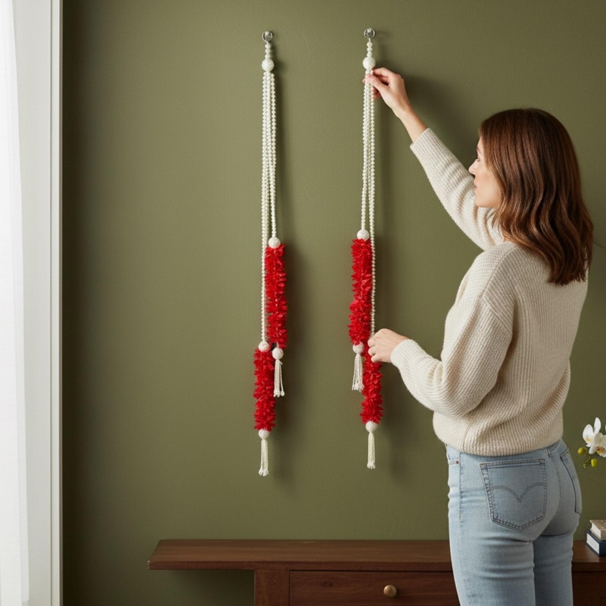 Red pearl garland hanging on wall – Indian door décor set of 6 for Diwali & housewarming