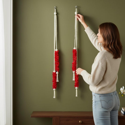 Red pearl garland hanging on wall – Indian door décor set of 6 for Diwali & housewarming