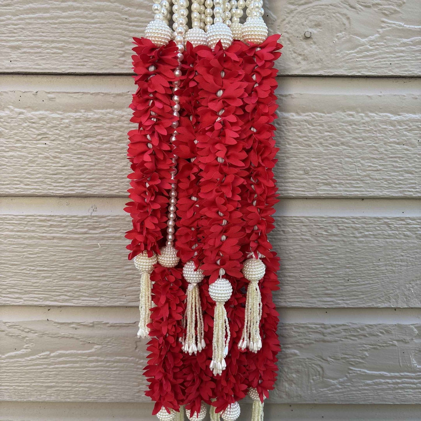 Red fabric flower garland with pearl beads & tassel – Indian door hanging for Navratri