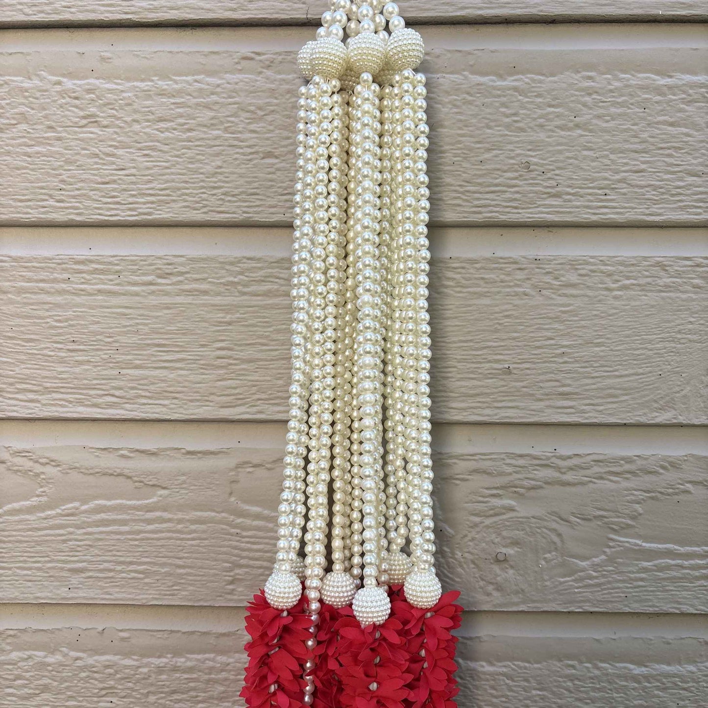 Multi-strand faux pearl garland with red fabric flowers & pearl ball accents – set of 6
