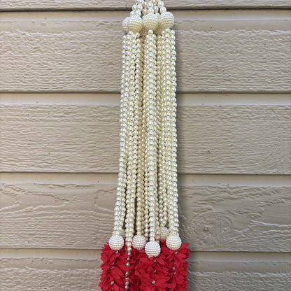 Multi-strand faux pearl garland with red fabric flowers & pearl ball accents – set of 6