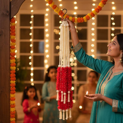 Indian wedding garland with red pearls & marigolds – mehndi & Diwali party backdrop