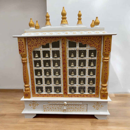 Tall Pooja Mandir - White Temple with Brass Bells & Doors from Urli Utsav