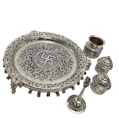 German Silver Swastik Pooja Thali