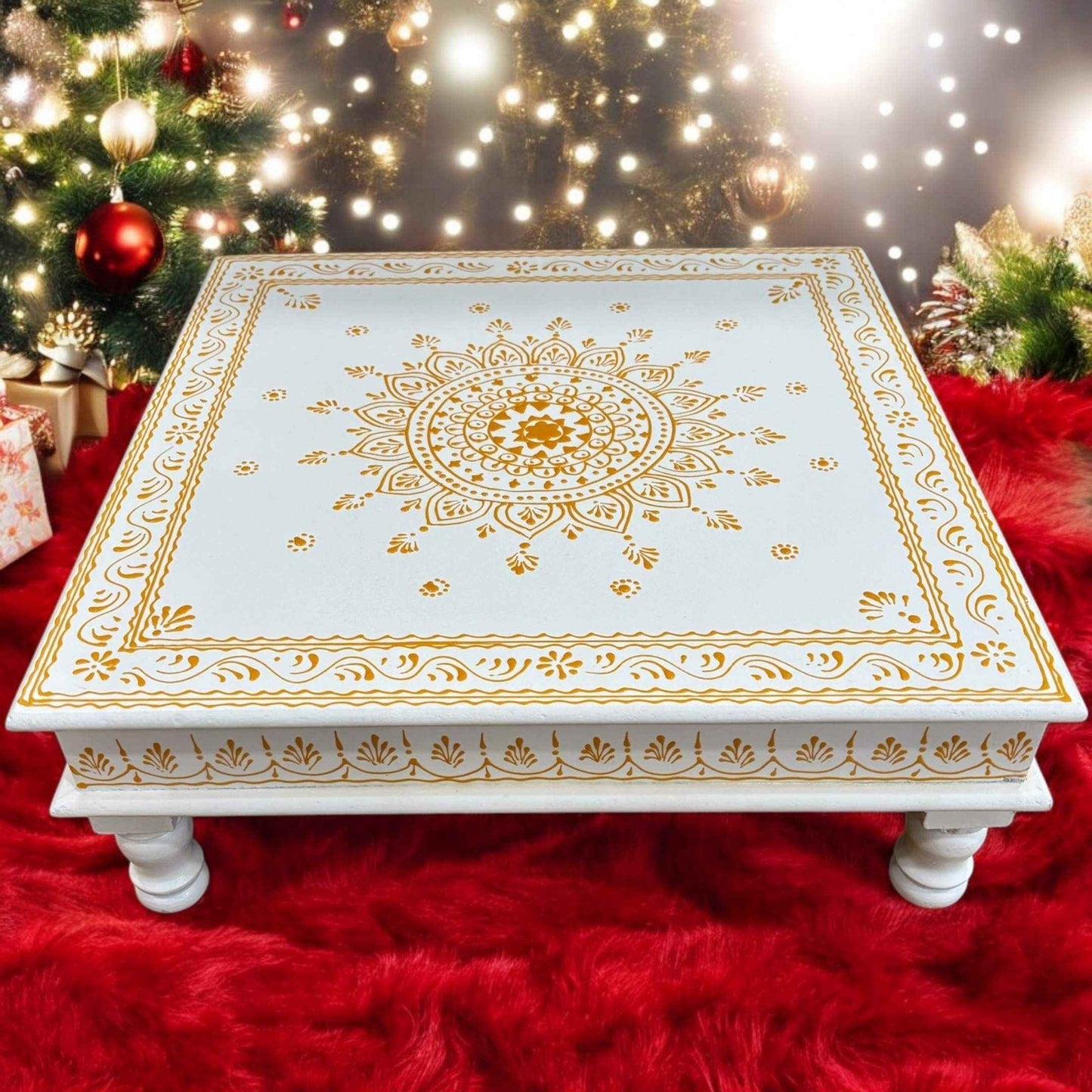 Elegant Wooden White Pooja Chowki, 18 Inches Gold Bajot – Perfect for traditional rituals and home decor.