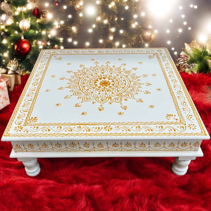 Elegant Wooden White Pooja Chowki, 18 Inches Gold Bajot – Perfect for traditional rituals and home decor.