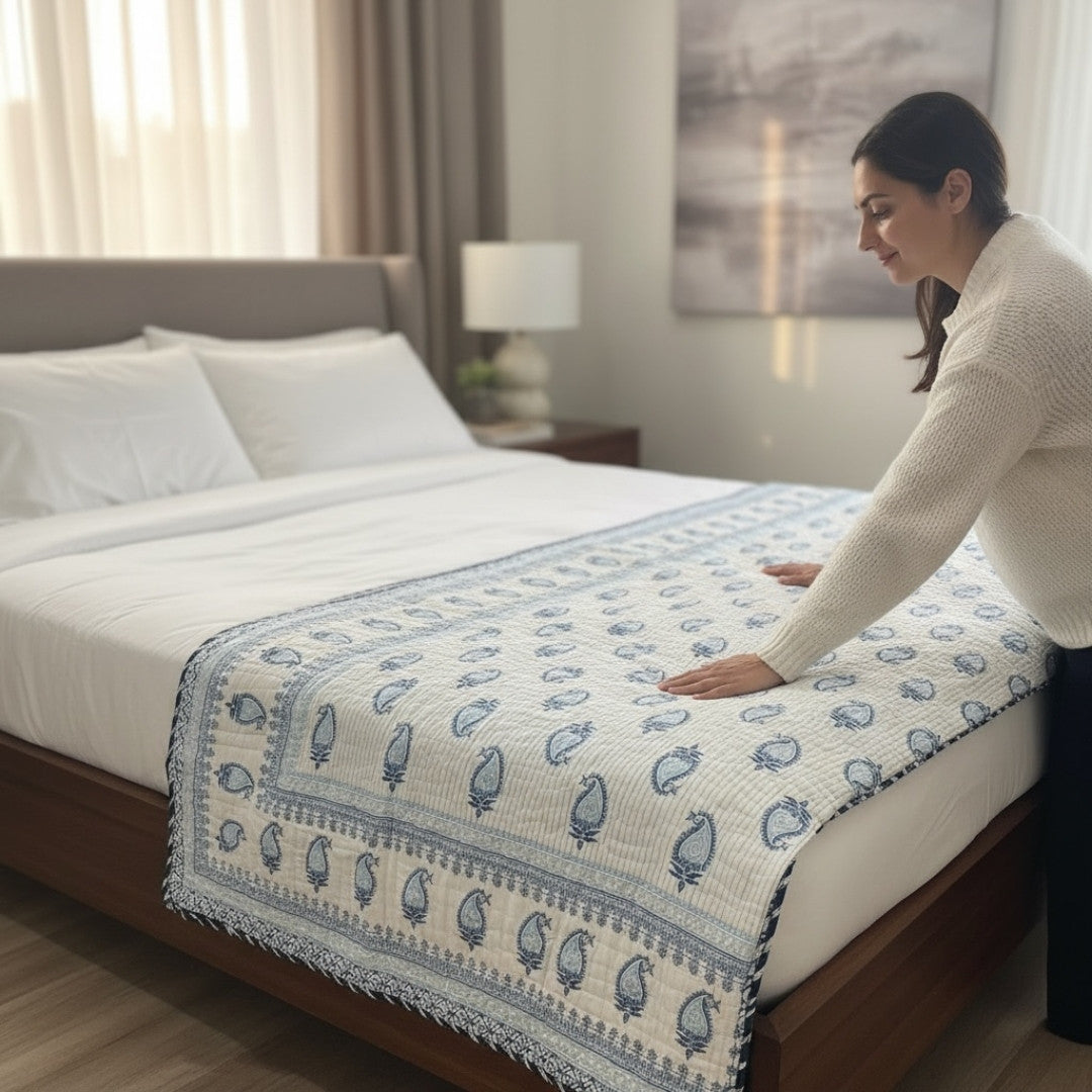 Bohemian bedroom decor featuring a handcrafted Jaipuri block print bedspread for a serene retreat.