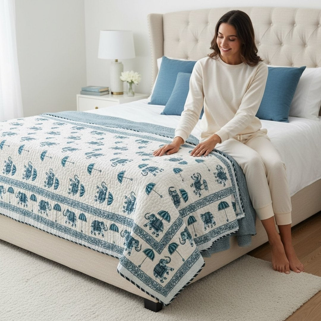 Indian Heritage Elephant print king quilt, a symbol of good luck and traditional Rajasthani craftsmanship.