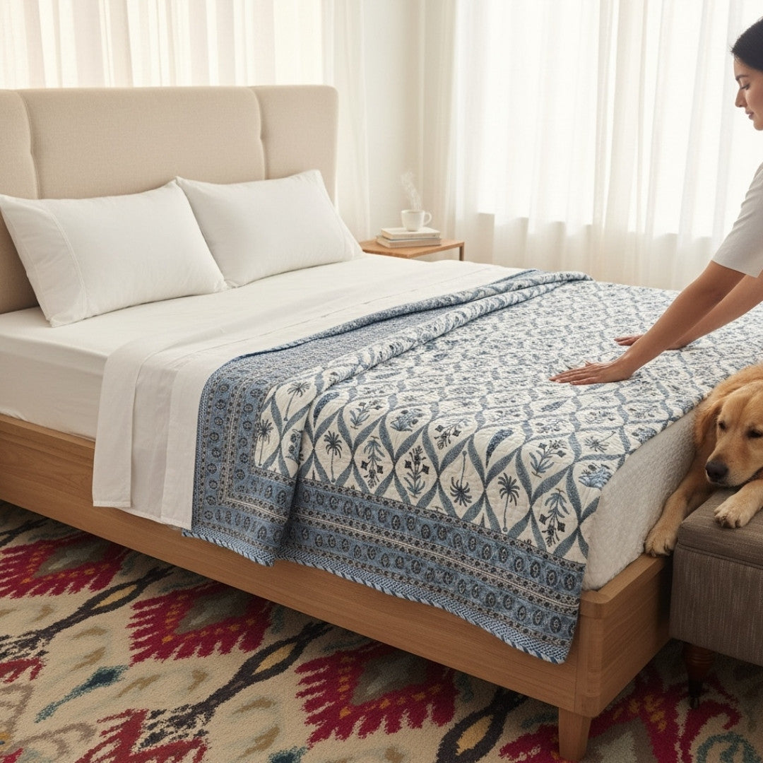 Oasis design reversible Indian quilt featuring cool blue tones and geometric floral block prints.