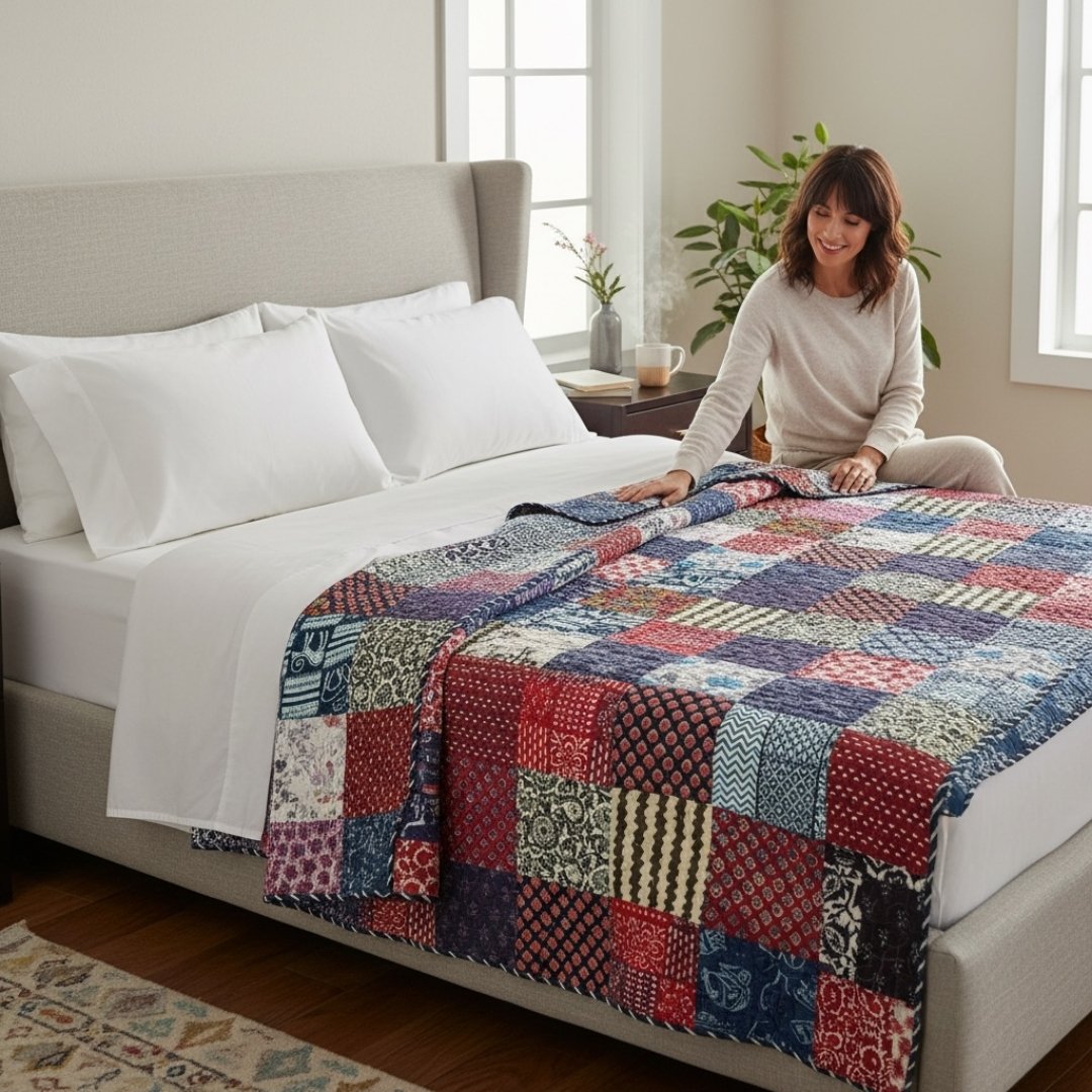 Indian Block Print King Quilt in a reversible floral design, spread across a luxury king-size bed.