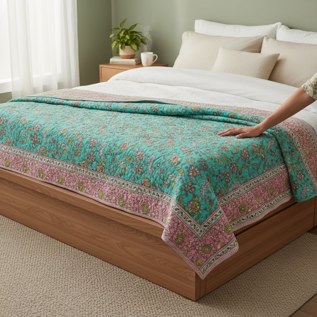 Bed with floral-patterned comforter in a bedroom setting