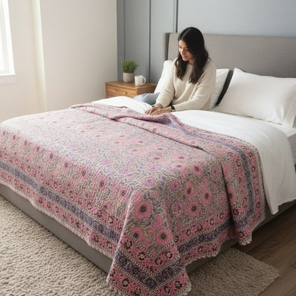 Pink and white Blossom floral block print bedspread, handcrafted by artisans in Rajasthan, India.