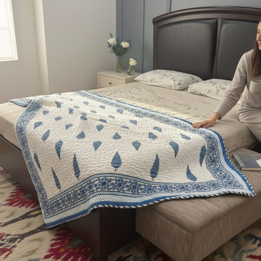 Snapdragon floral pattern reversible quilt with delicate botanical hand-block details.