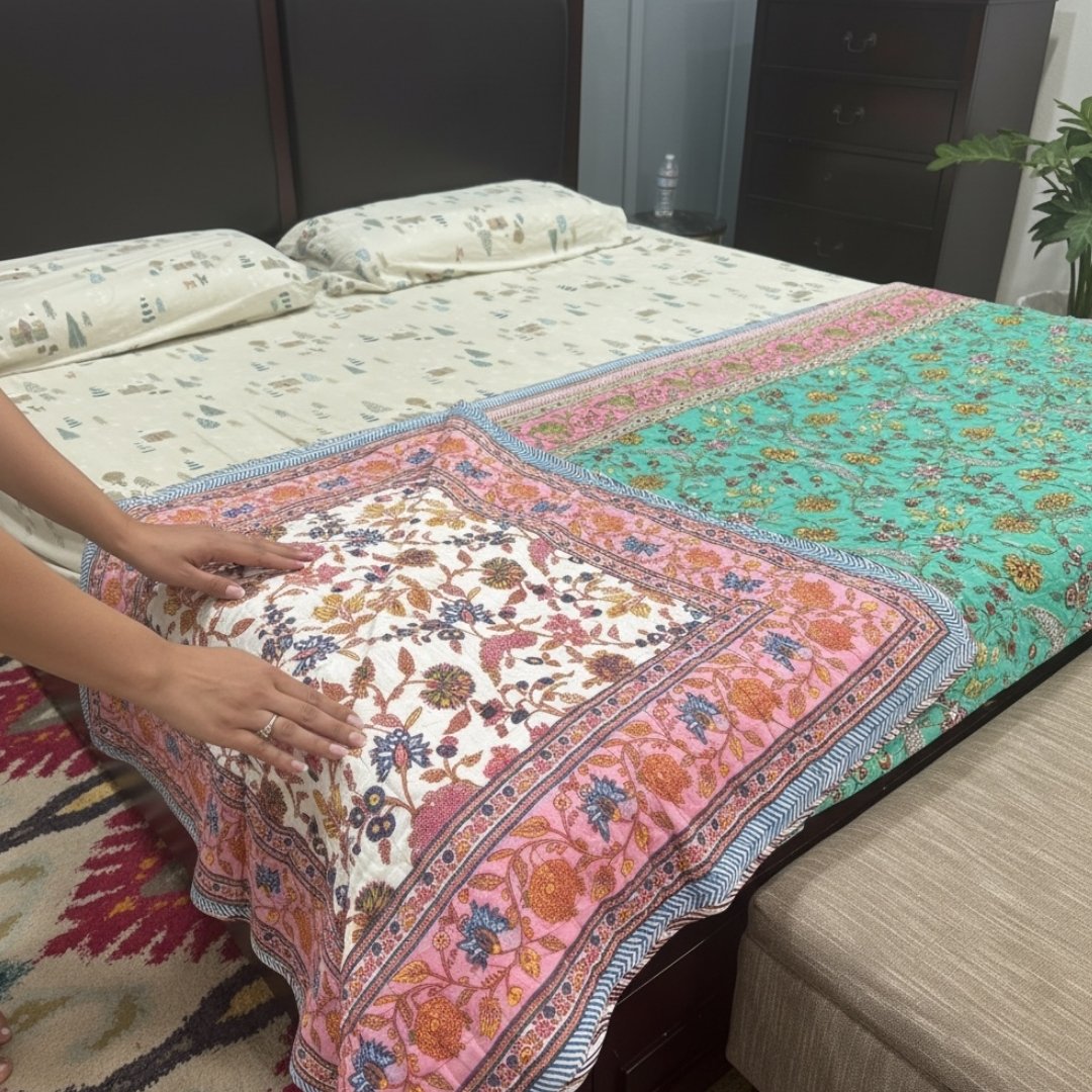 Person arranging a colorful floral-patterned bedspread on a bed.