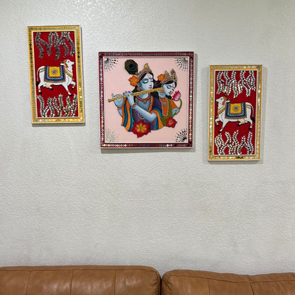 Radha Krishna Lippan Wall Art with Pichwai Cow & Flute