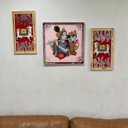 Radha Krishna Lippan Wall Art with Pichwai Cow & Flute