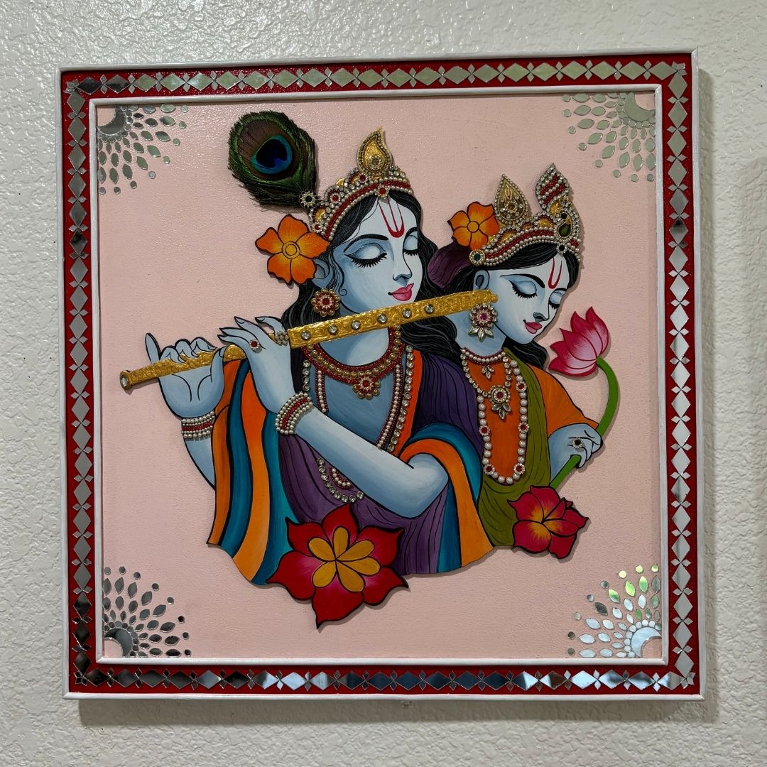 Radha Krishna Lippan Wall Art with Pichwai Cow & Flute