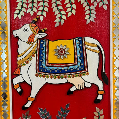 Radha Krishna Lippan Wall Art with Pichwai Cow & Flute