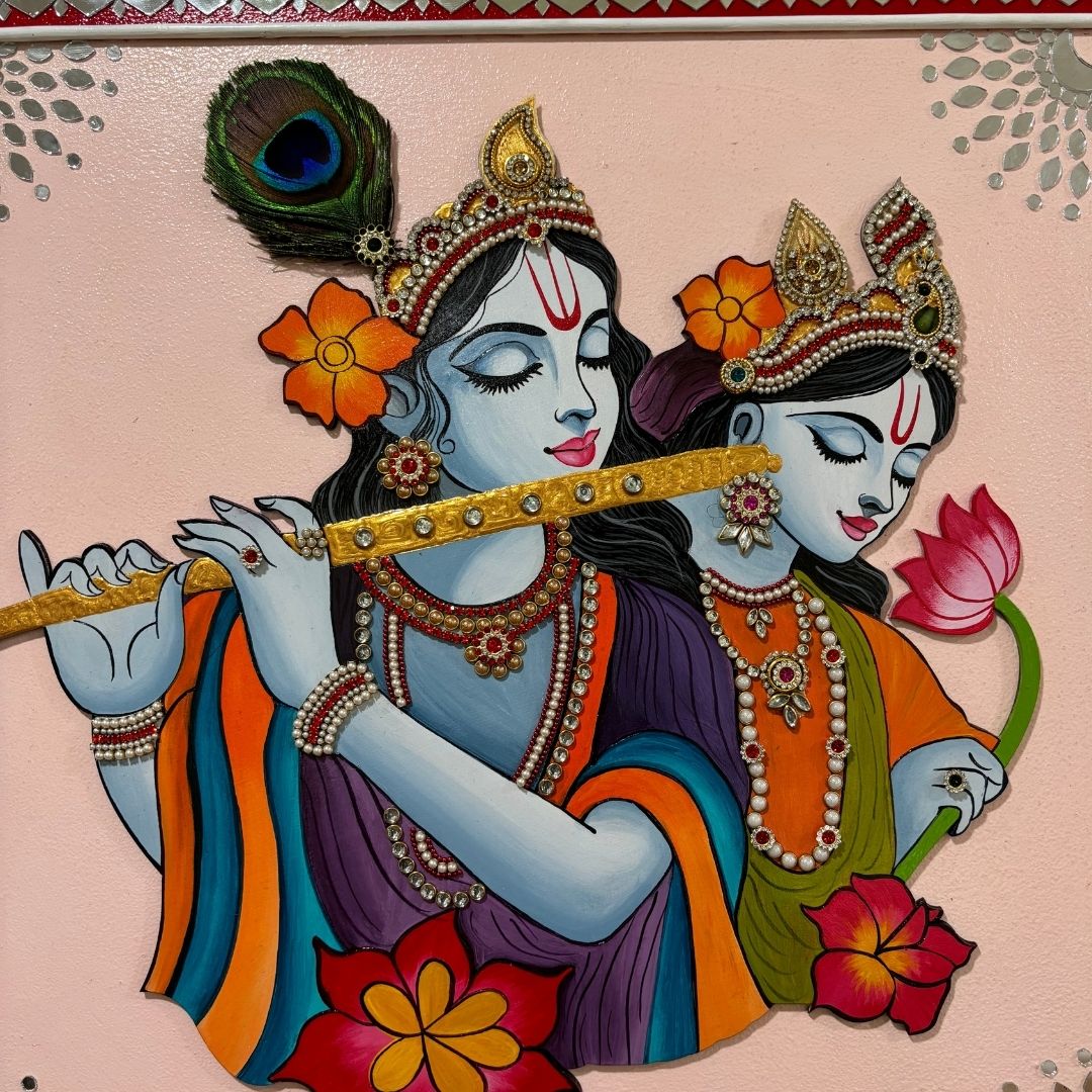 Radha Krishna Lippan Wall Art with Pichwai Cow & Flute