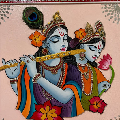 Radha Krishna Lippan Wall Art with Pichwai Cow & Flute