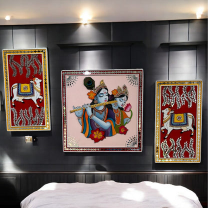 Radha Krishna Lippan Wall Art with Pichwai Cow & Flute