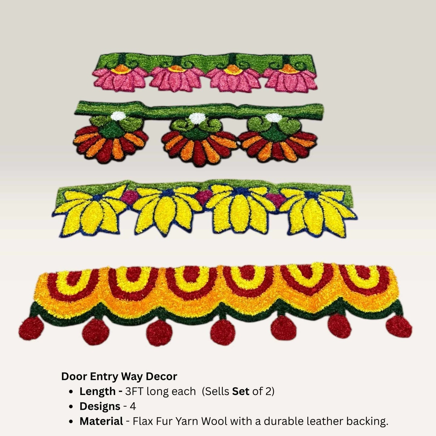 4 Indian rangoli mat designs – lotus, sunflower, scallop – Flax Fur Yarn Wool 3FT set of 2