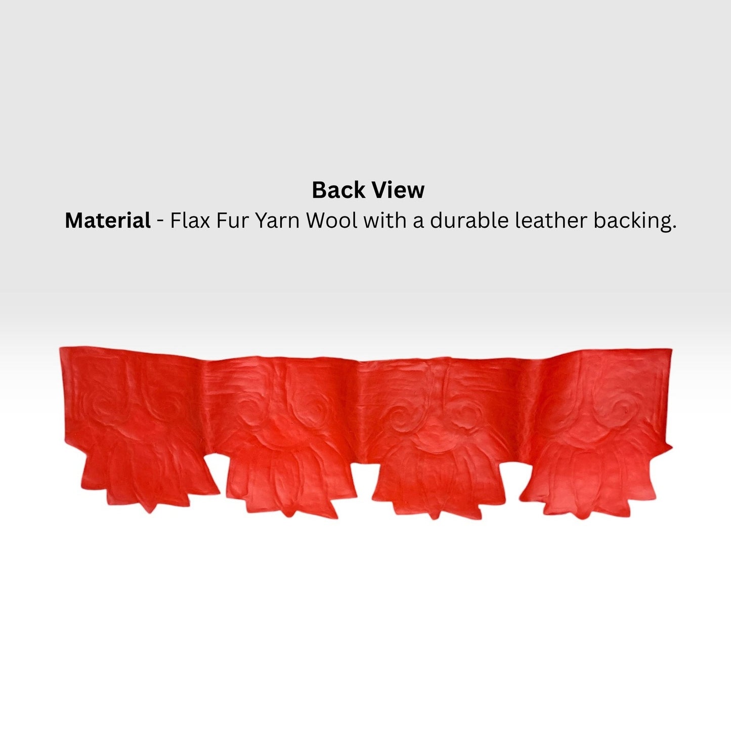 Red flax fur yarn wool trim with a textured pattern and leather backing, shown from the back view with text detailing the material.