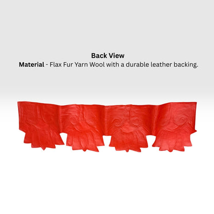 Red flax fur yarn wool trim with a textured pattern and leather backing, shown from the back view with text detailing the material.