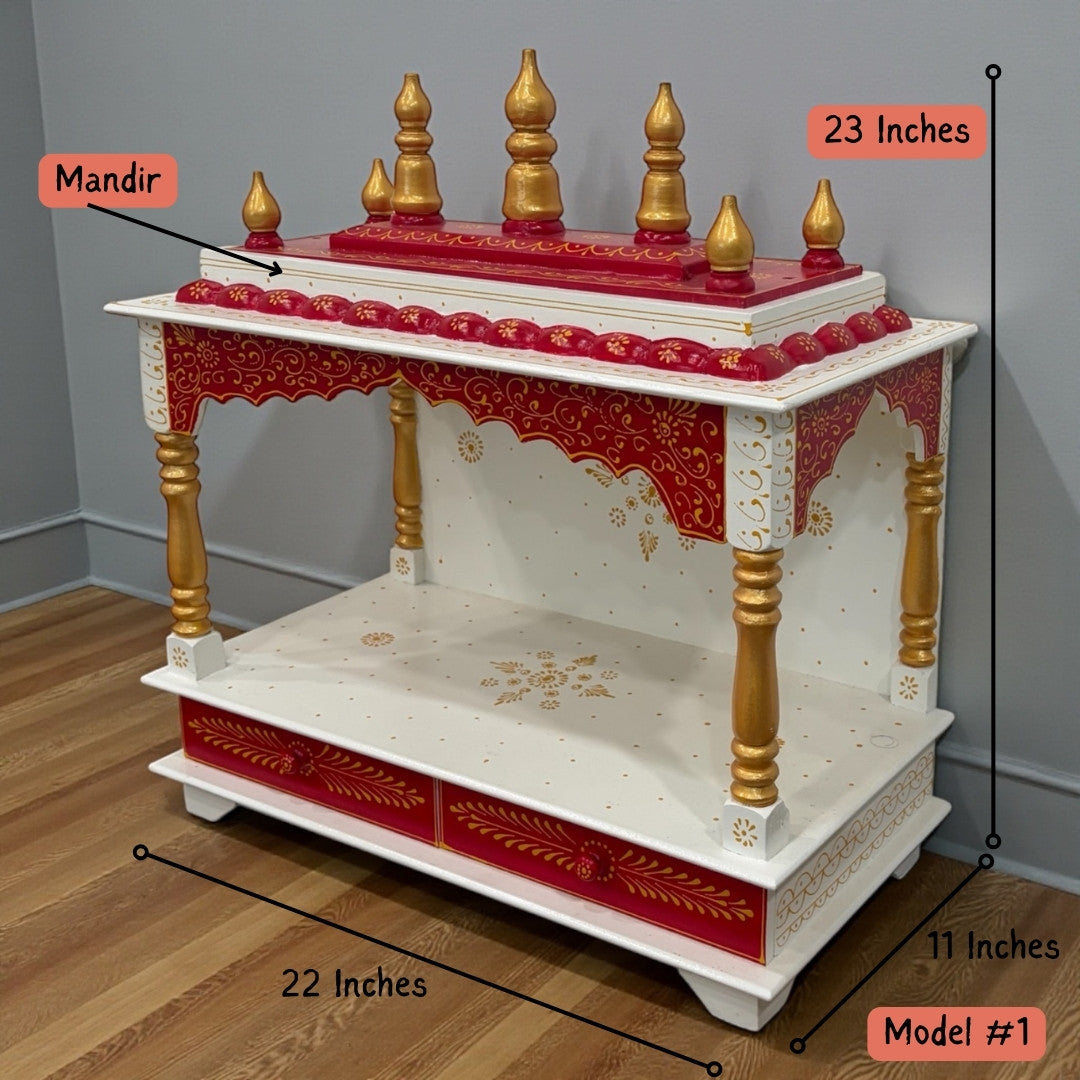 Urli Utsav 23x22x11 inches red and white wooden mandir with drawers, elegant Indian temple for home worship in USA