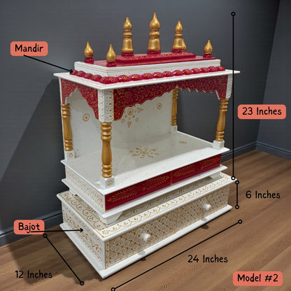 Urli Utsav Model 2 - Elegant red wooden temple & white Bajot with intricate gold detailing and spacious shelves
