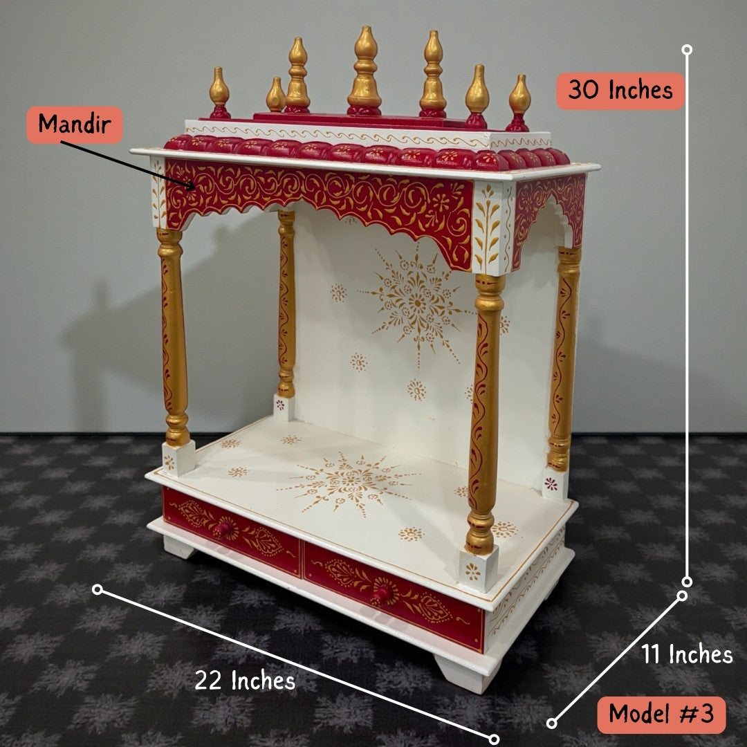 Urli Utsav Model 3 - Elegant red wooden temple with intricate gold detailing and spacious shelves
