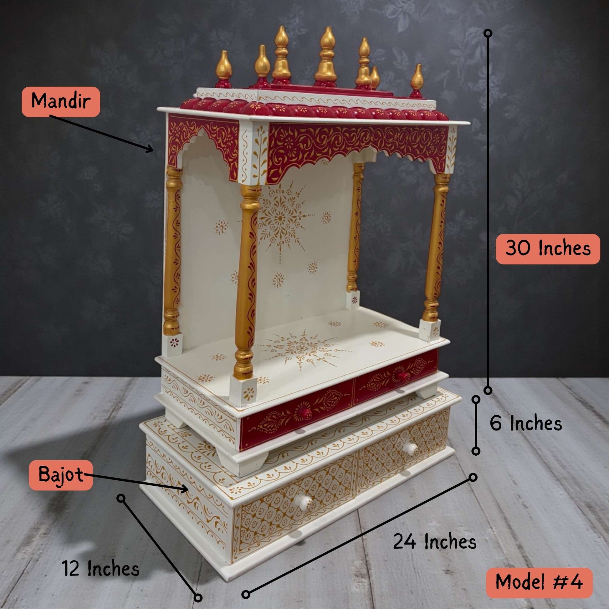Urli Utsav Model 4 - Elegant red wooden temple & white Bajot with intricate gold detailing and spacious shelves