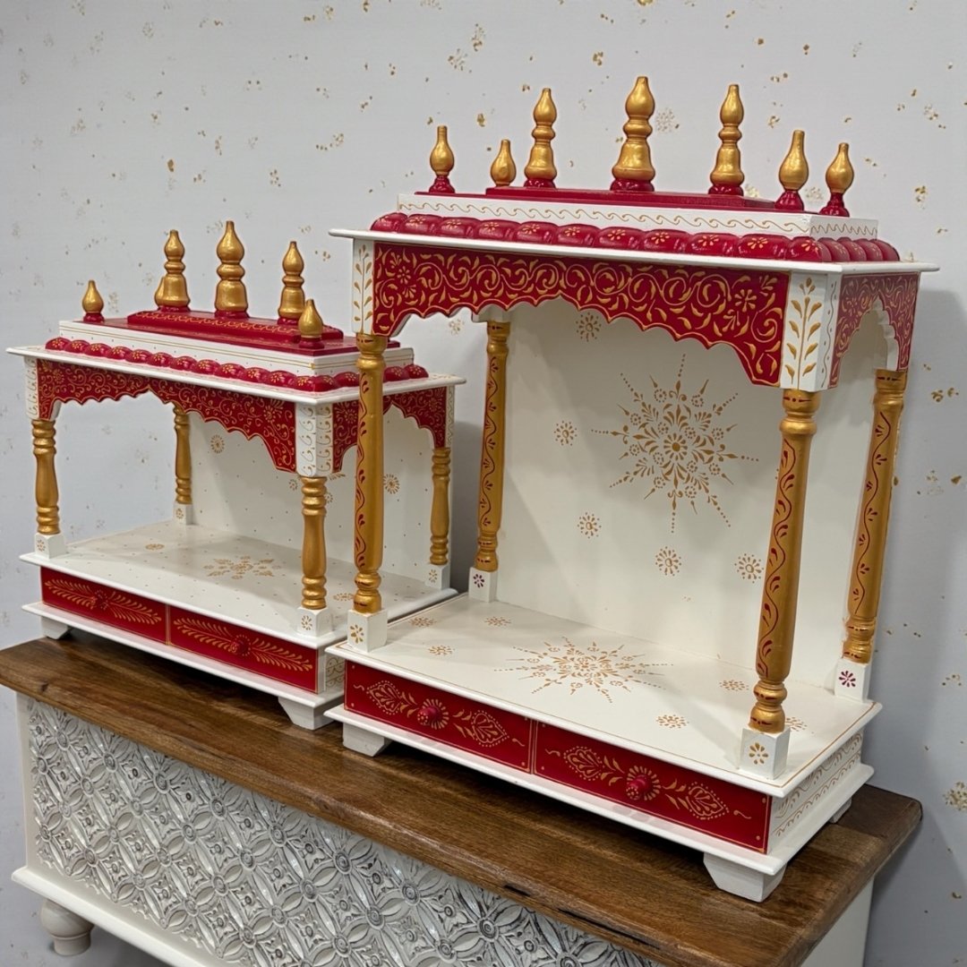 Elegant red wooden temple with intricate gold detailing and spacious shelves
