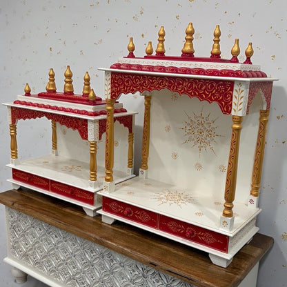 Elegant red wooden temple with intricate gold detailing and spacious shelves