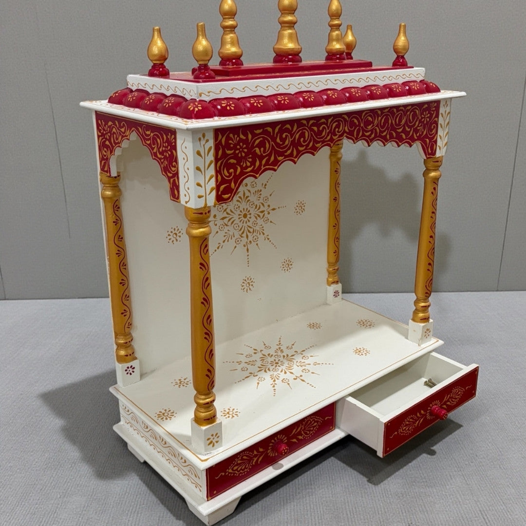 Urli Utsav wooden temple mandir showing two drawers open, practical storage for pooja accessories, tariff free mandir setup