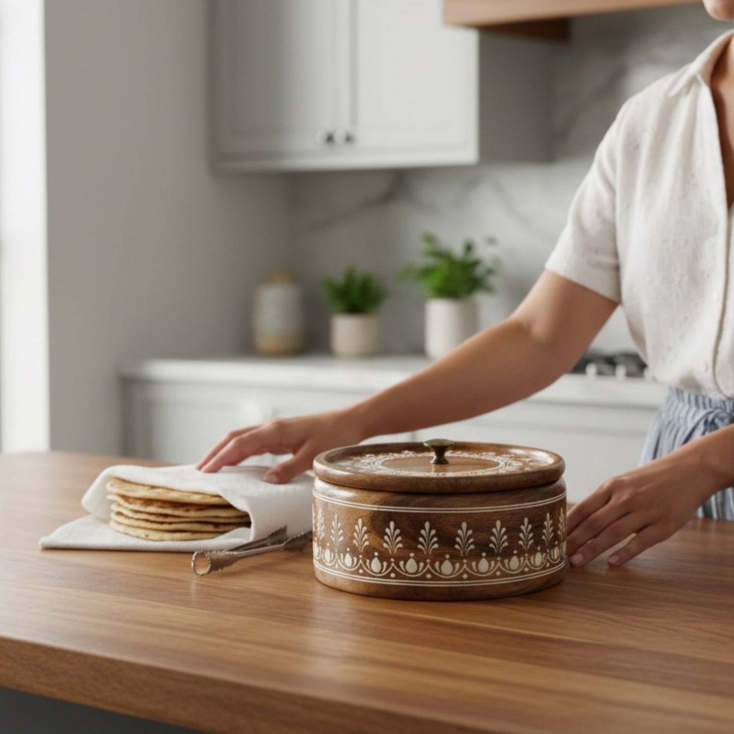 Woman serving roti from handmade mango wood chapati box – Indian bread keeper gift idea