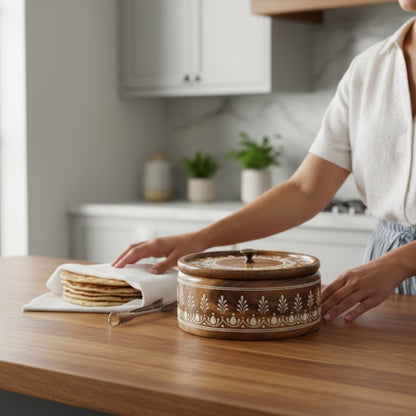 Woman serving roti from handmade mango wood chapati box – Indian bread keeper gift idea