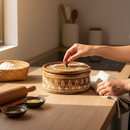 Mango wood roti box with cream floral engraving beside rolling pin – wooden chapati keeper