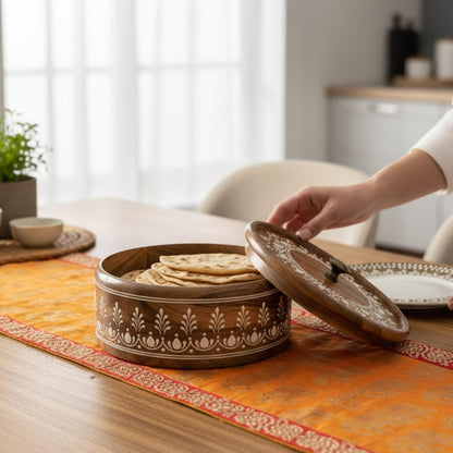 Opening mango wood chapati box to reveal warm rotis inside – 9-inch Indian roti keeper