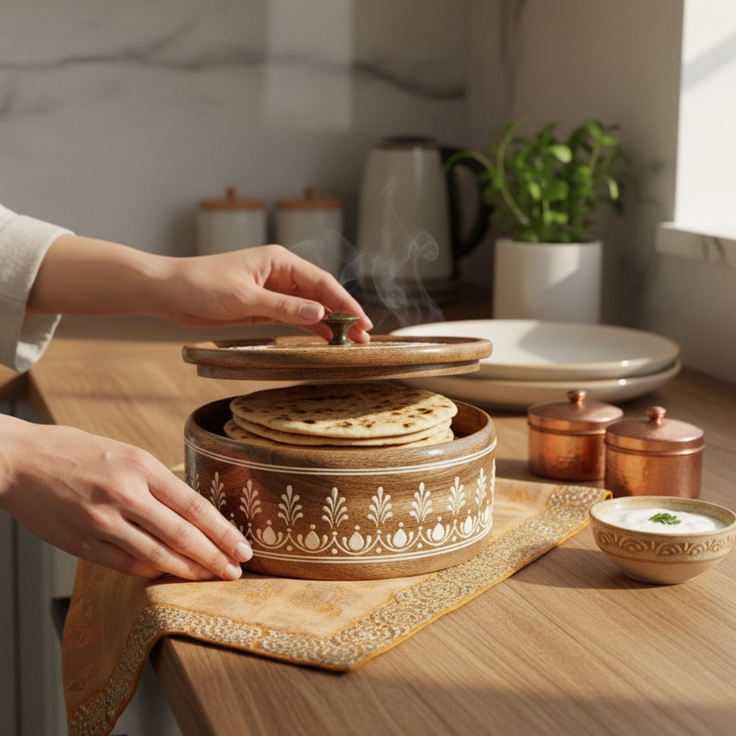 Lifting lid of handmade mango wood roti box to serve warm chapatis – wooden bread keeper