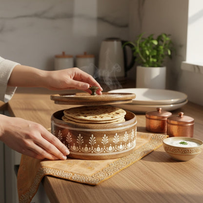 Lifting lid of handmade mango wood roti box to serve warm chapatis – wooden bread keeper