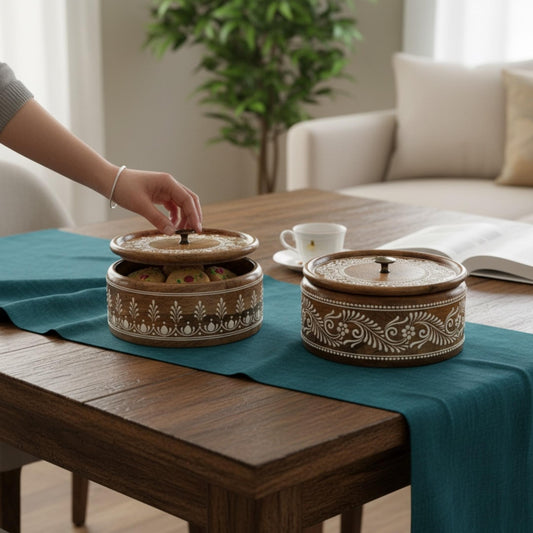 Handmade wooden roti box on decorative table runner – Indian chapati keeper for dining table