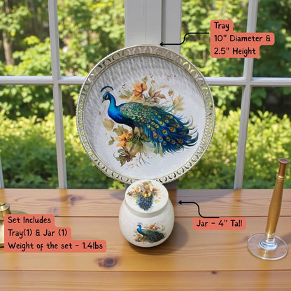 Close-up of 10″ German silver Pichwai round tray with peacock design and product dimensions graphic